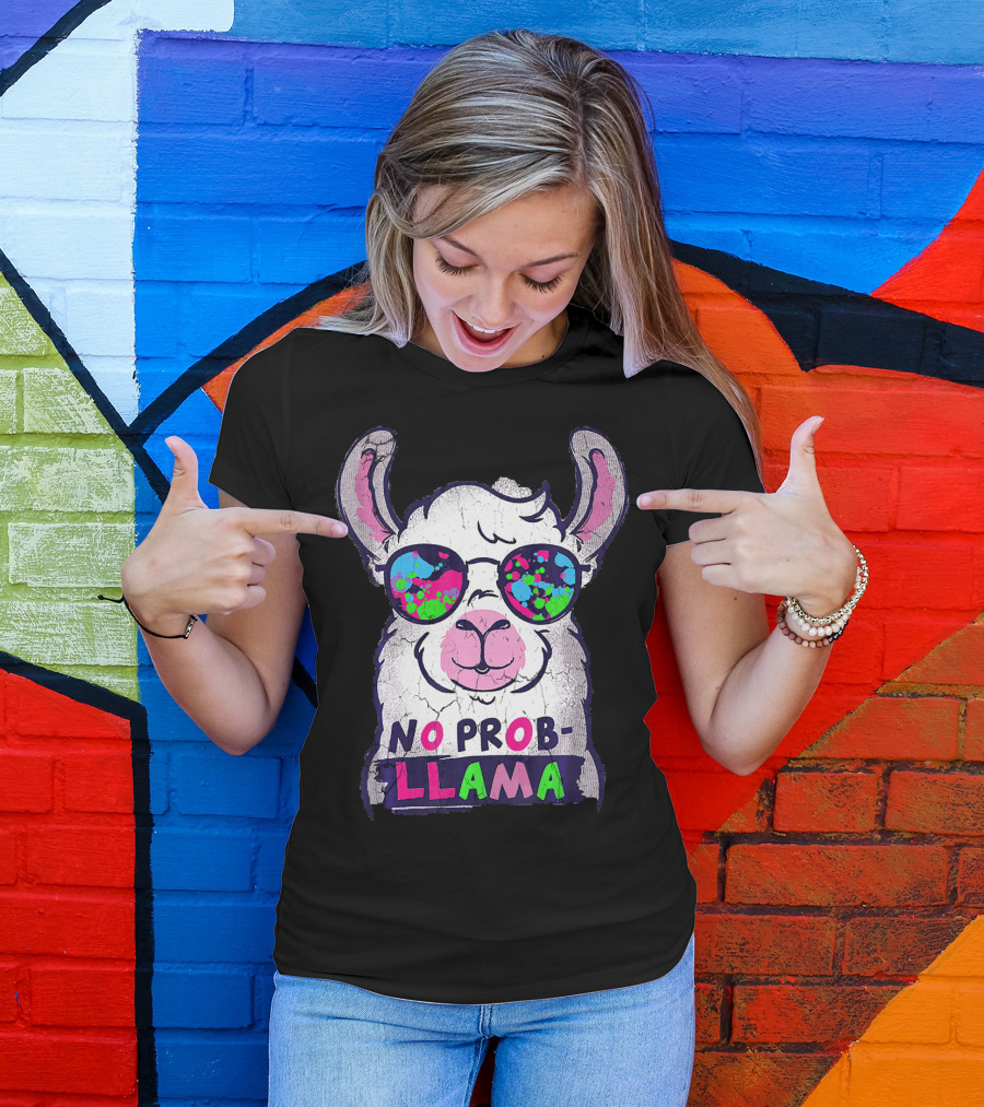 No Prob Llama With Colorful Sunglasses Funny Llama Alpaca Love T-Shirt