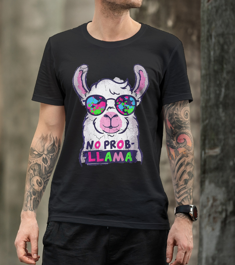 No Prob Llama With Colorful Sunglasses Funny Llama Alpaca Love T-Shirt