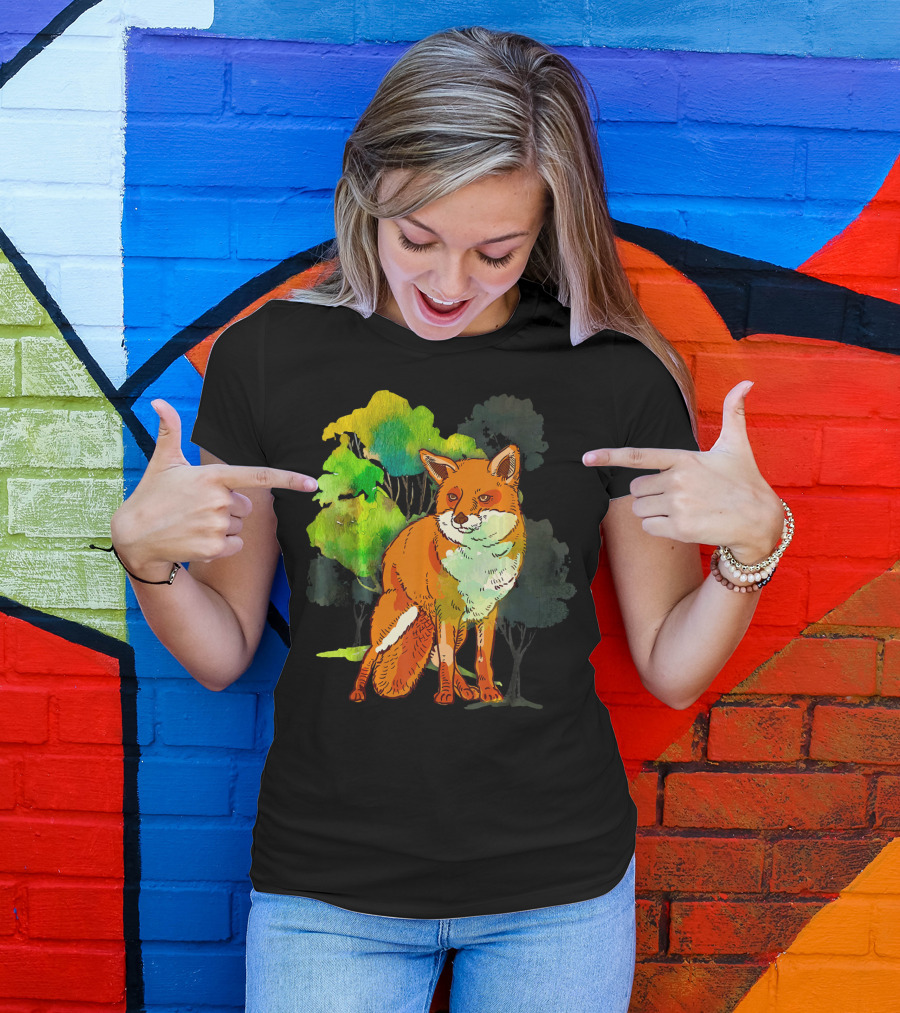 Tree Fox Colorful Animal Forest Scene T-Shirt