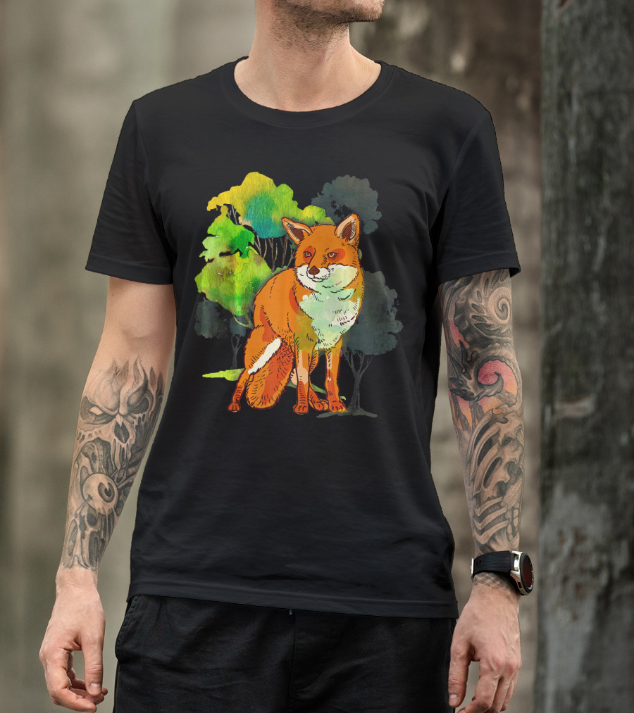 Tree Fox Colorful Animal Forest Scene T-Shirt