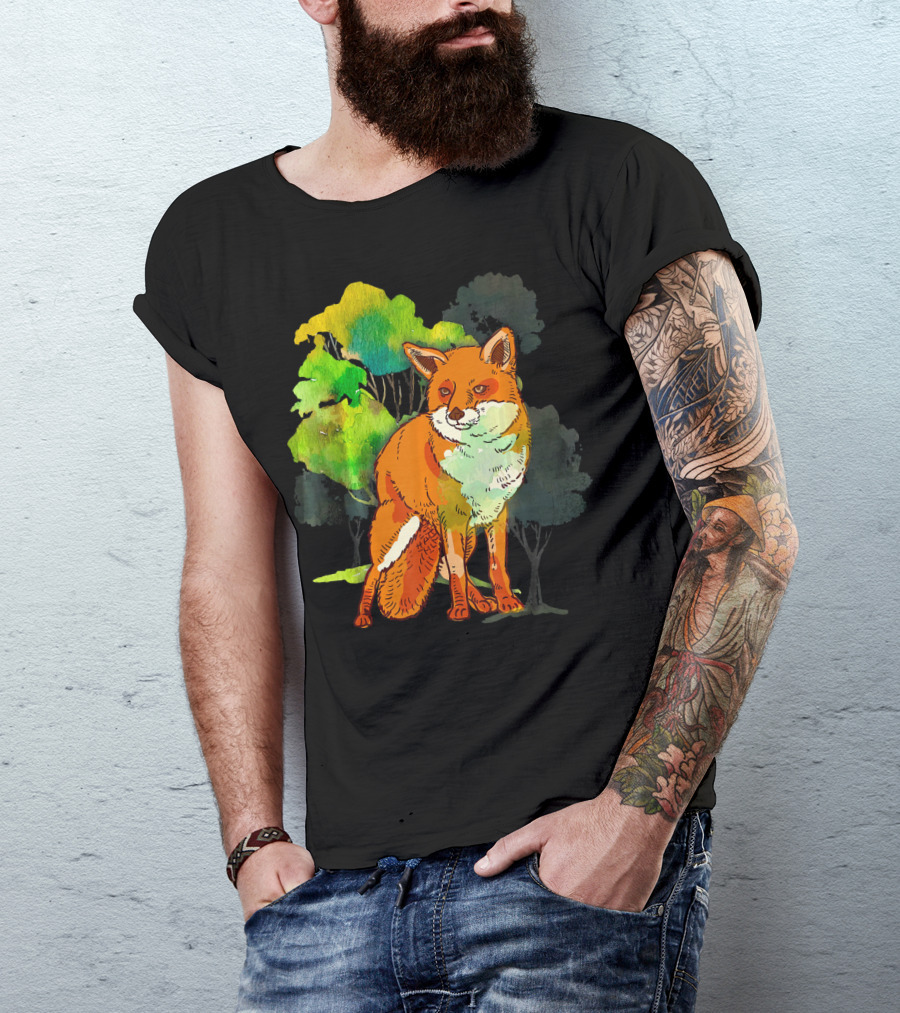 Tree Fox Colorful Animal Forest Scene T-Shirt