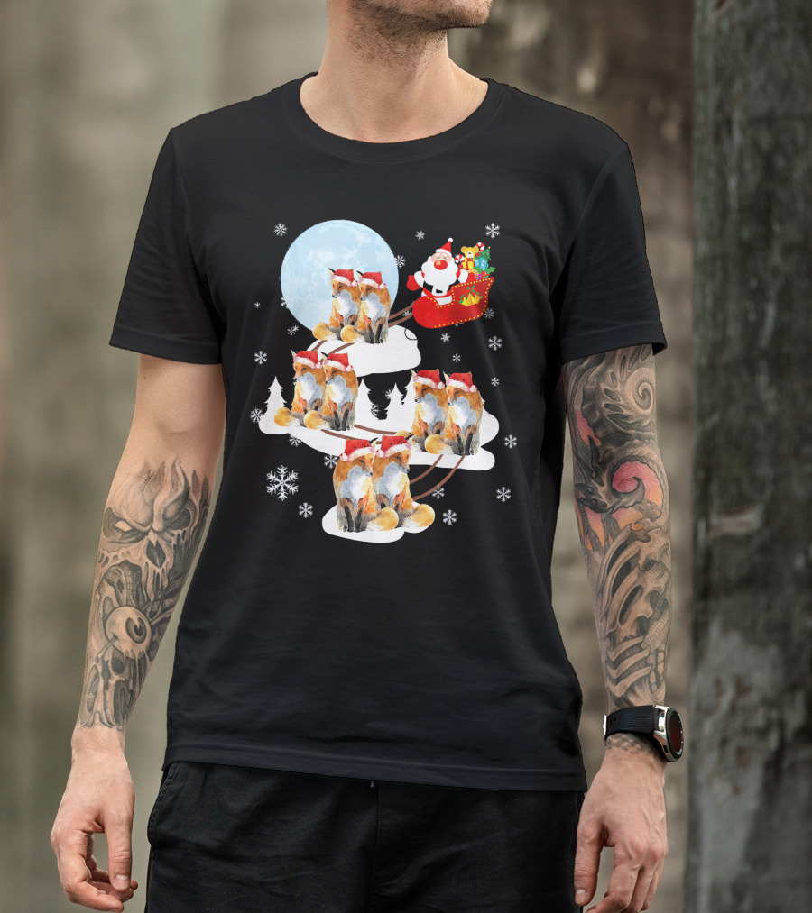 Santa On Sleigh Pulled By Foxes In Christmas Night Scene T-Shirt