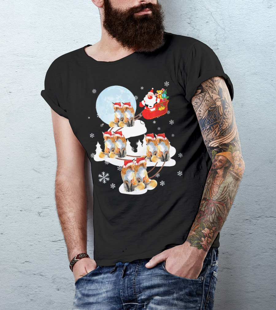 Santa On Sleigh Pulled By Foxes In Christmas Night Scene T-Shirt