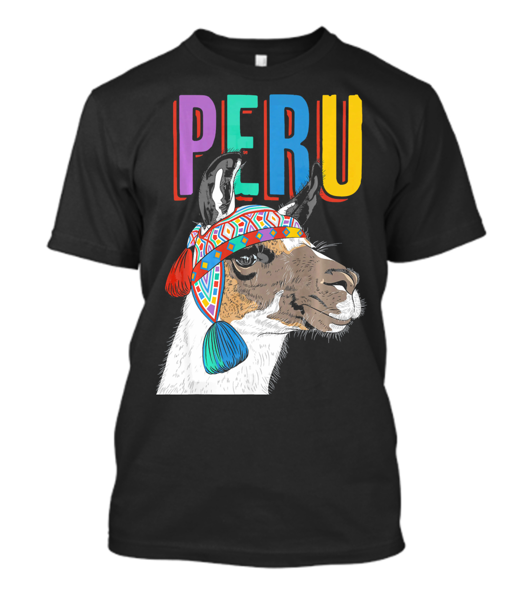 Peru Colorful Llama With Traditional Hat Design Graphic Product T-Shirt