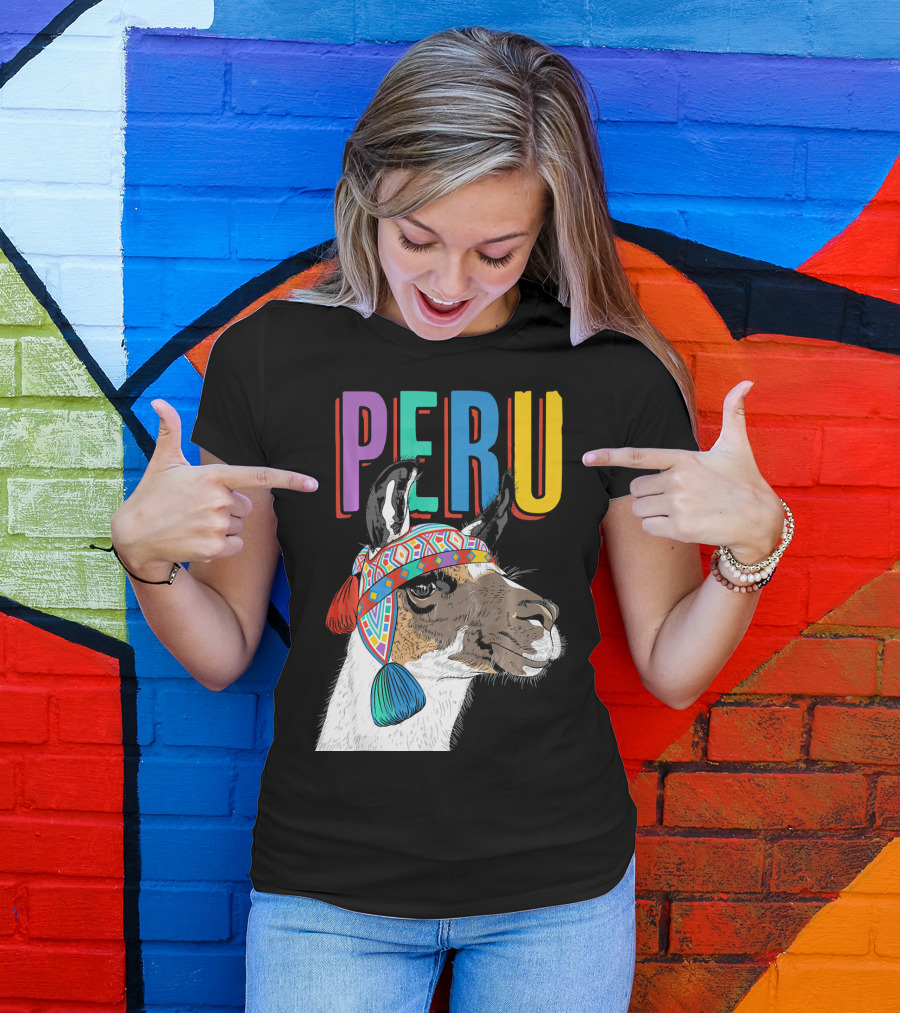 Peru Colorful Llama With Traditional Hat Design Graphic Product T-Shirt