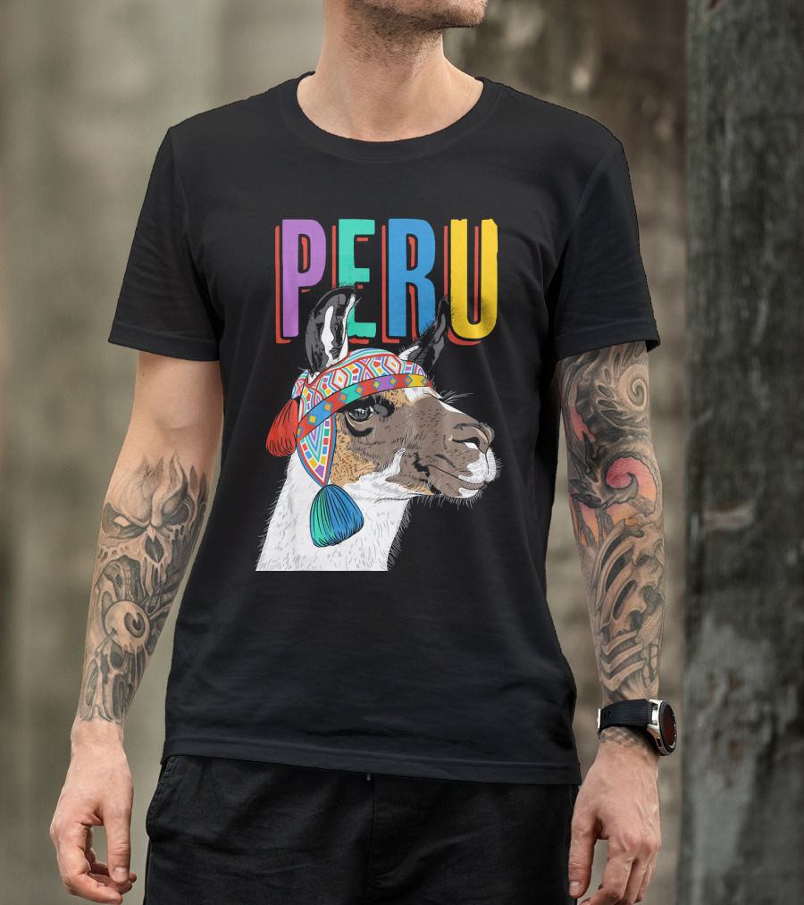 Peru Colorful Llama With Traditional Hat Design Graphic Product T-Shirt
