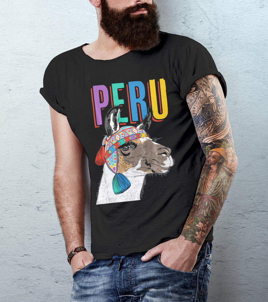 Peru Colorful Llama With Traditional Hat Design Graphic Product T-Shirt