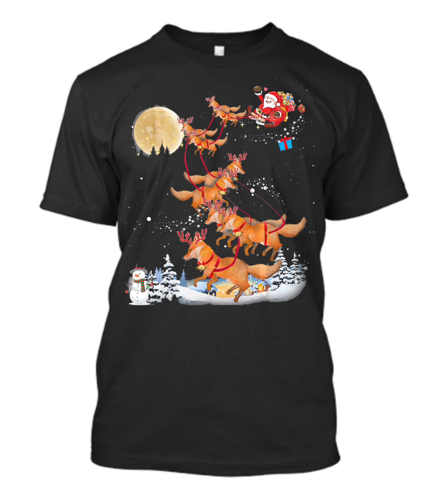 Santa Riding Foxes With Reindeer Antlers In Snowy Moonlit Scene T-Shirt