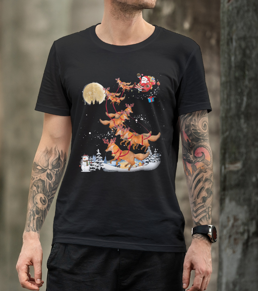 Santa Riding Foxes With Reindeer Antlers In Snowy Moonlit Scene T-Shirt