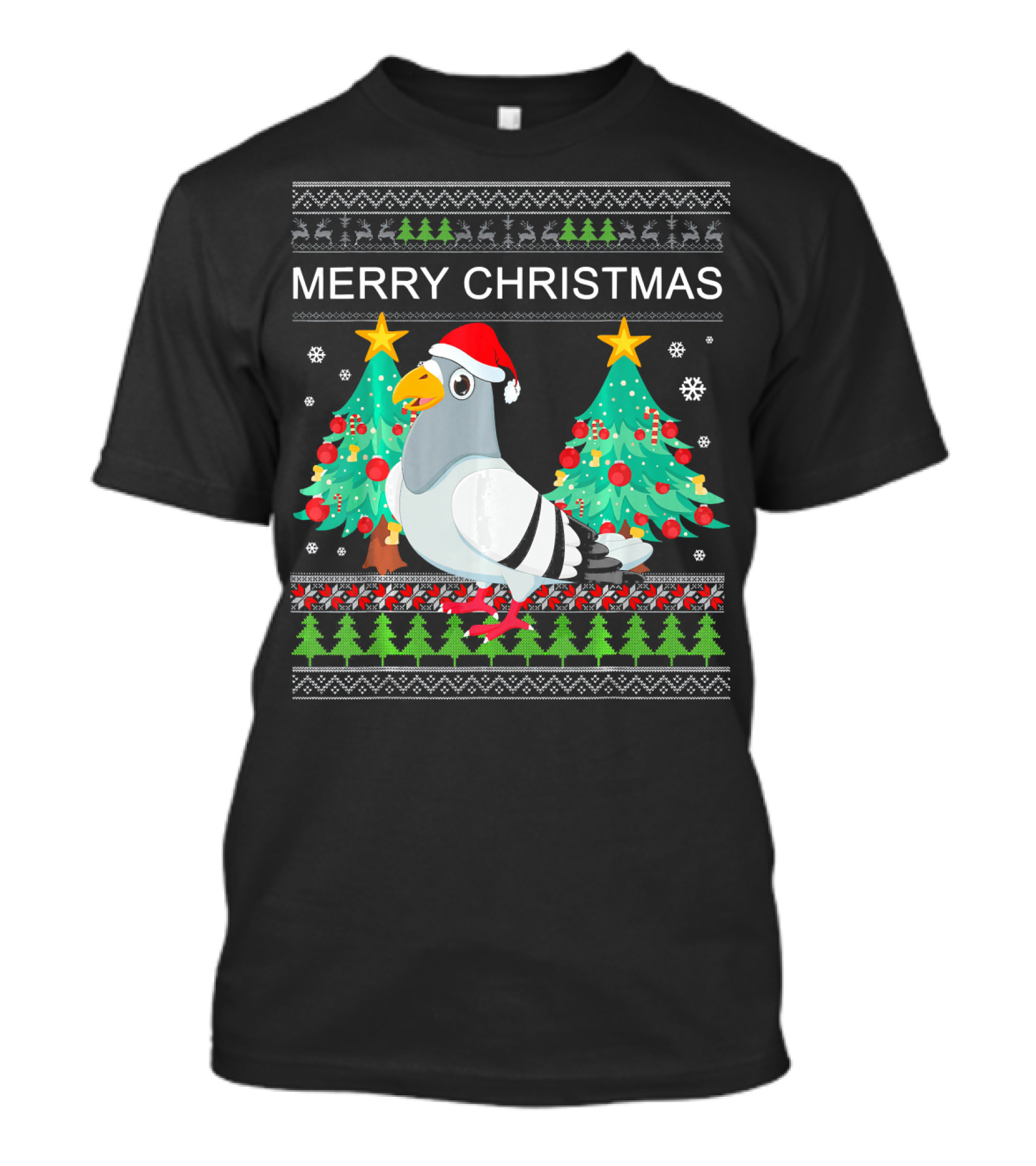 Merry Christmas Pigeon Funny Ugly Sweater Santa Hat Xmas Trees T-Shirt