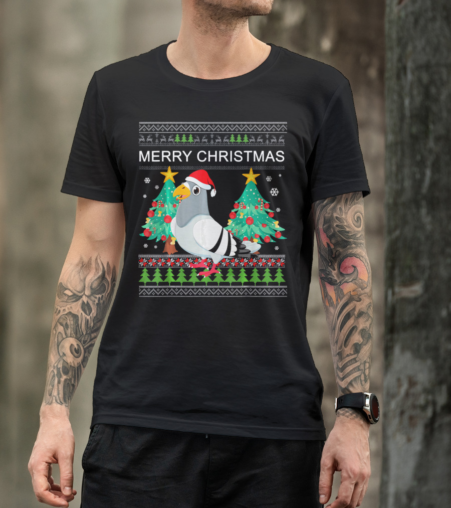 Merry Christmas Pigeon Funny Ugly Sweater Santa Hat Xmas Trees T-Shirt