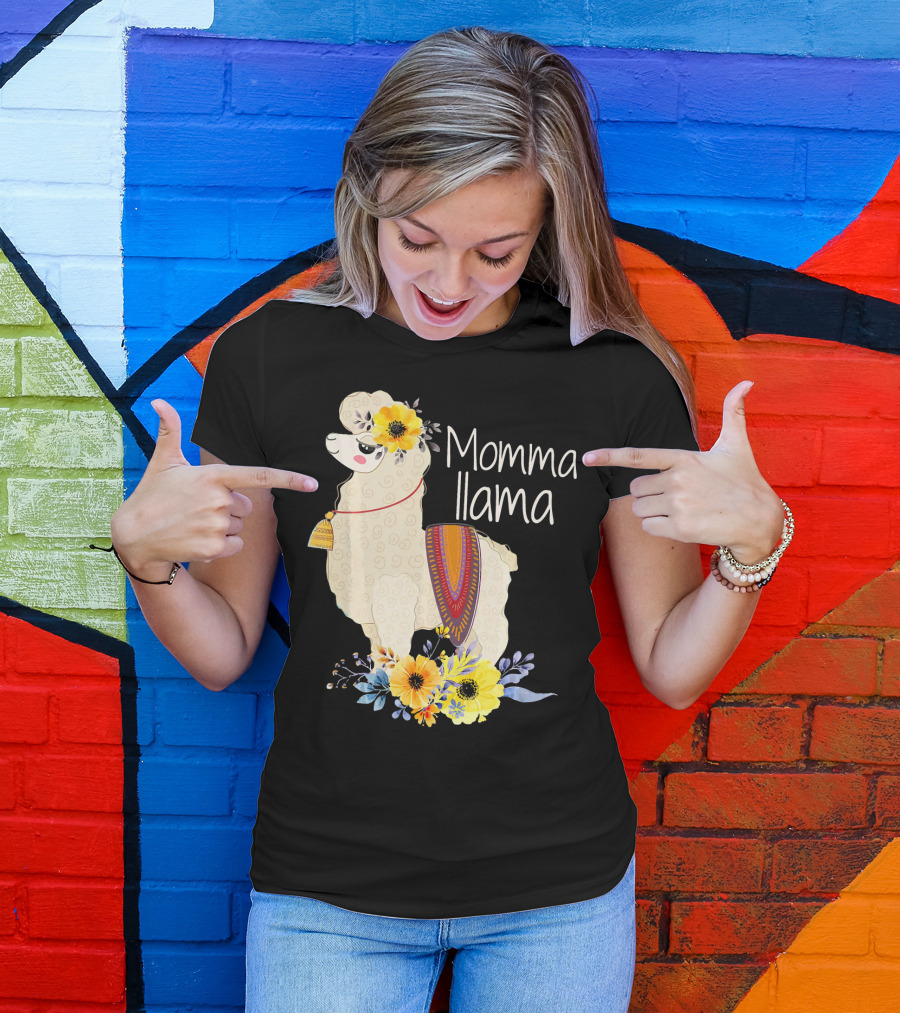 Momma Llama With Colorful Flowers And Ornate Blanket T-Shirt