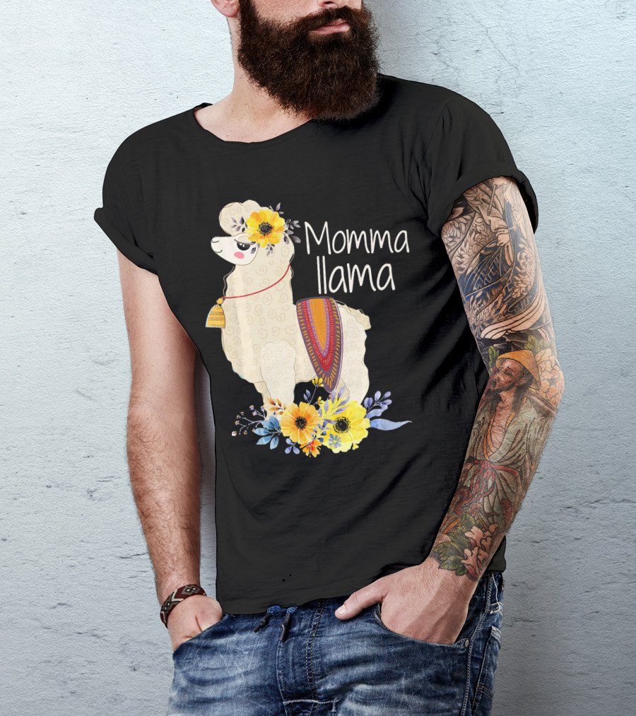 Momma Llama With Colorful Flowers And Ornate Blanket T-Shirt