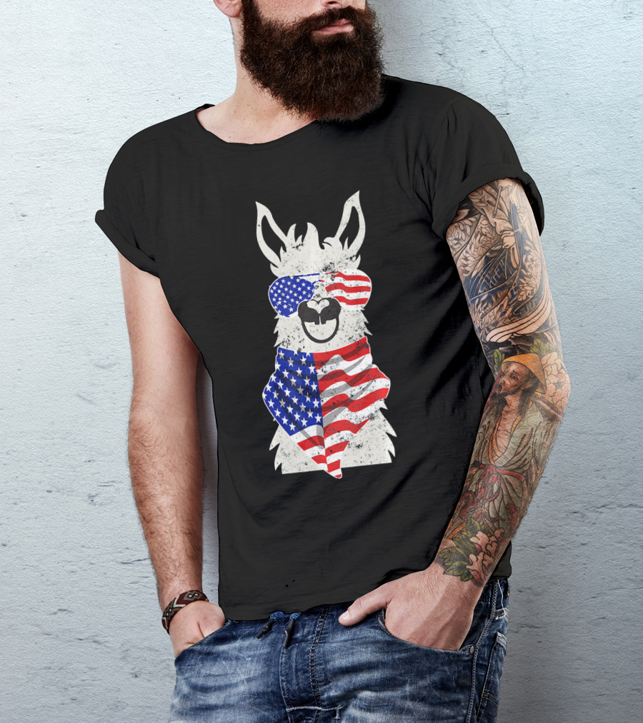 USA Patriotic Llama July 4th American Flag T-Shirt