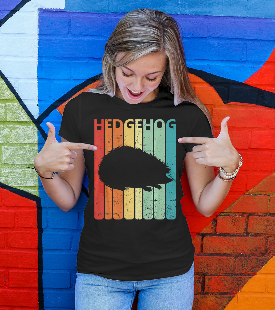 Retro Vintage Hedgehog Silhouette On Colorful Stripes T-Shirt