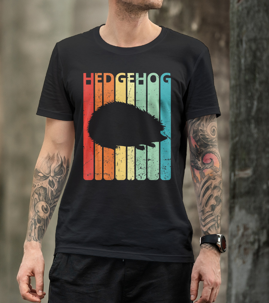 Retro Vintage Hedgehog Silhouette On Colorful Stripes T-Shirt