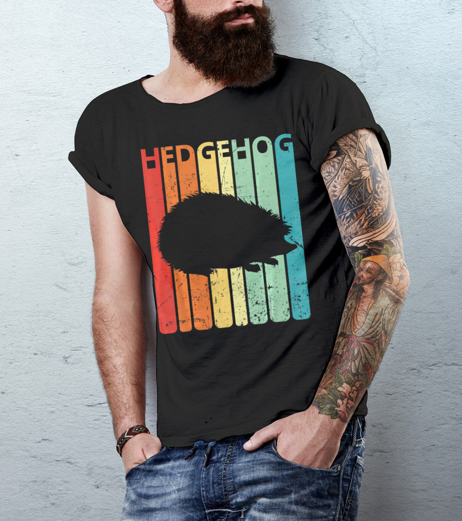 Retro Vintage Hedgehog Silhouette On Colorful Stripes T-Shirt