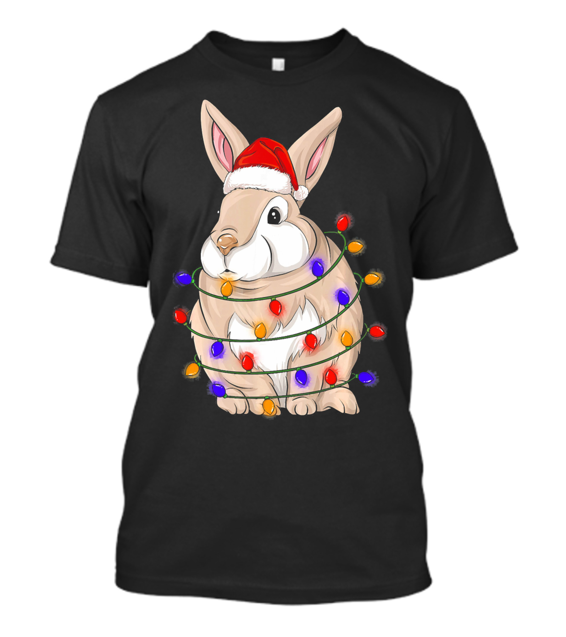 Rabbit Wrapped In Christmas Lights Wearing Santa Hat T-Shirt