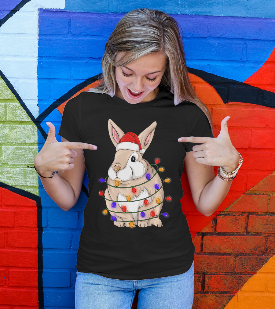 Rabbit Wrapped In Christmas Lights Wearing Santa Hat T-Shirt