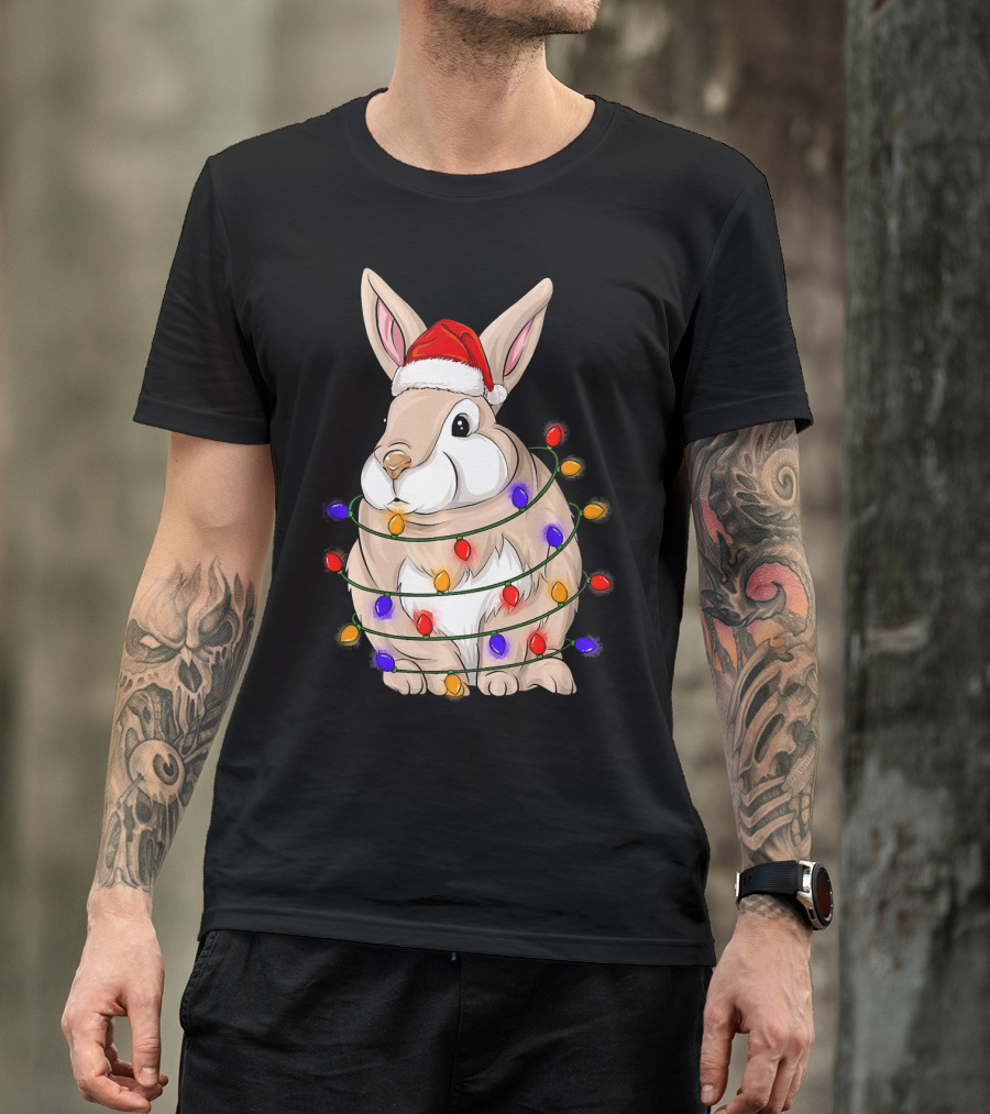 Rabbit Wrapped In Christmas Lights Wearing Santa Hat T-Shirt