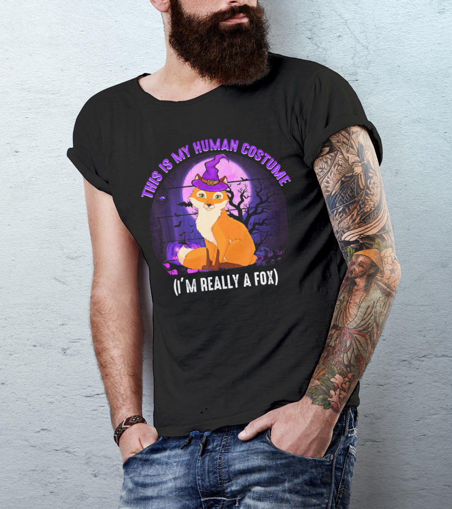 This Is My Human Costume I'm Really A Fox Halloween Witch Hat Moonlit Scene T-Shirt