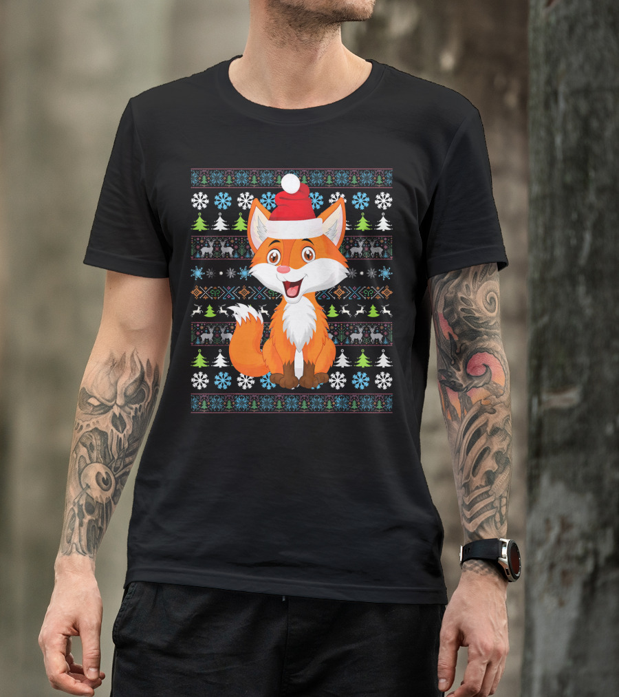 Merry Christmas Fox Santa Hat Ugly T-Shirt
