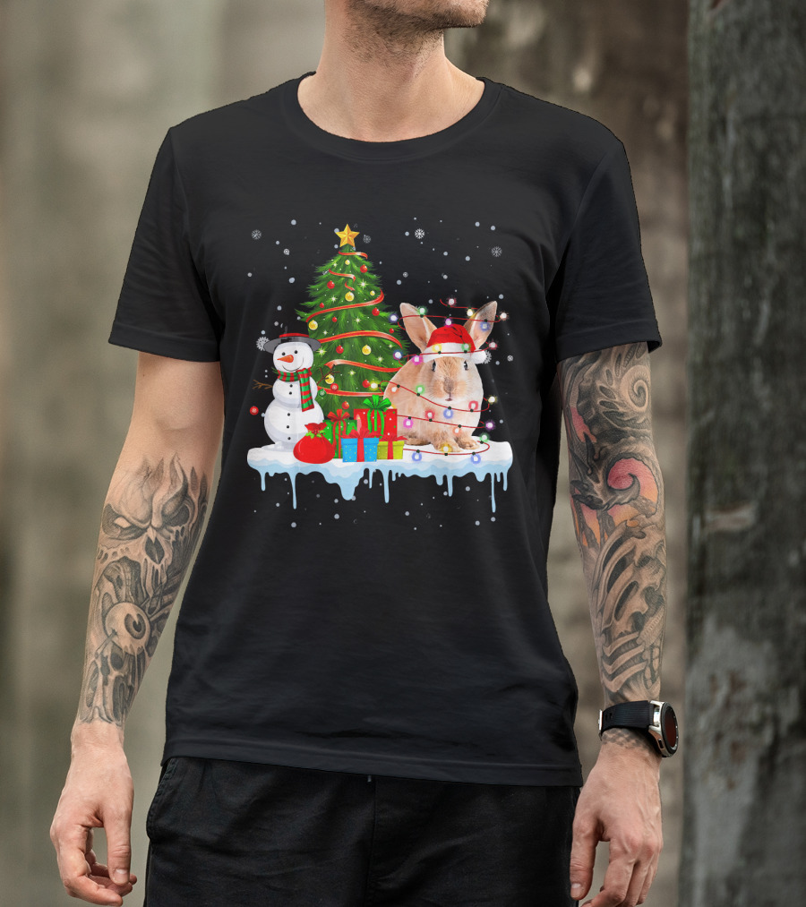 Rabbit In Santa Hat With Christmas Lights Snowman And Tree T-Shirt
