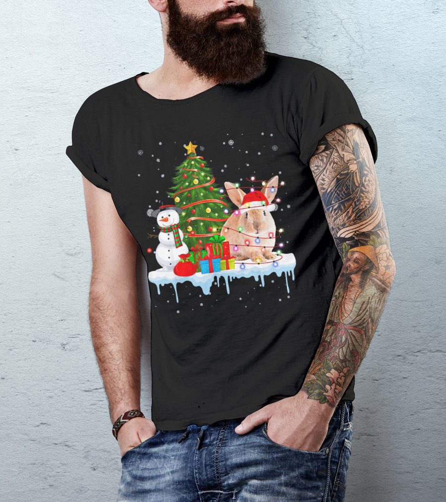 Rabbit In Santa Hat With Christmas Lights Snowman And Tree T-Shirt
