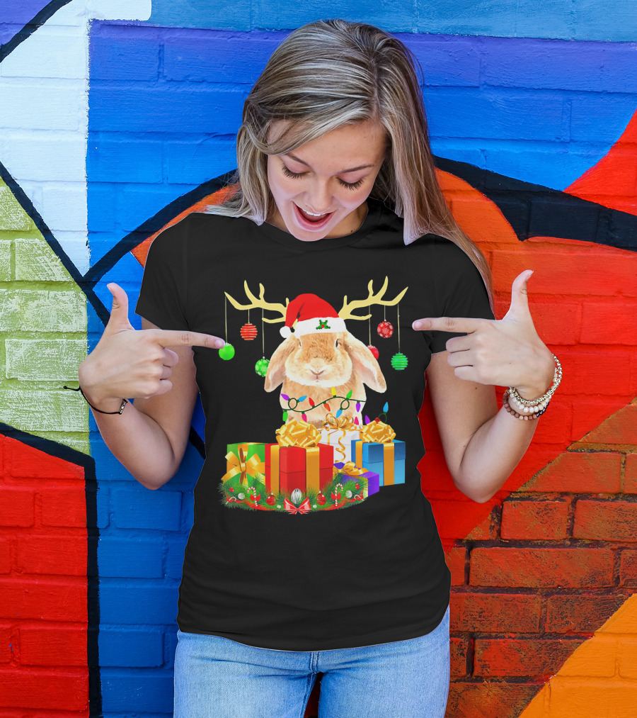 Bunny With Santa Hat And Reindeer Antlers Surrounded By Christmas Gifts And Ornaments T-Shirt