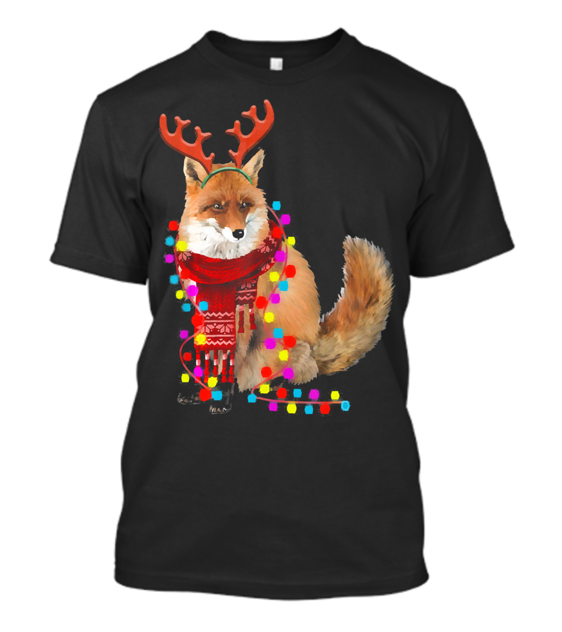 Santa Fox Reindeer Antlers Christmas Lights T-Shirt