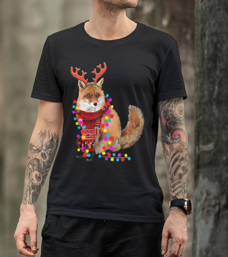 Santa Fox Reindeer Antlers Christmas Lights T-Shirt