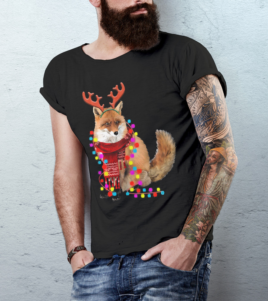Santa Fox Reindeer Antlers Christmas Lights T-Shirt