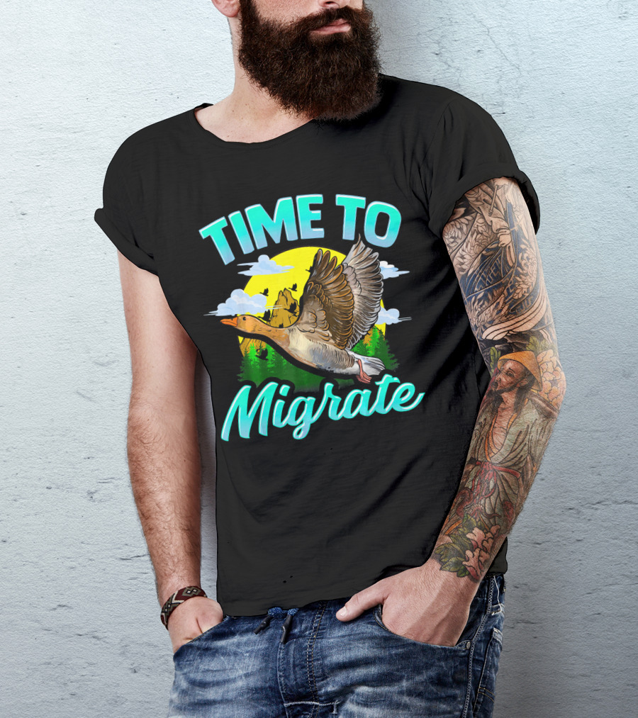 Time To Migrate Goose Bird Migration Pun Vintage Nature Scenery T-Shirt