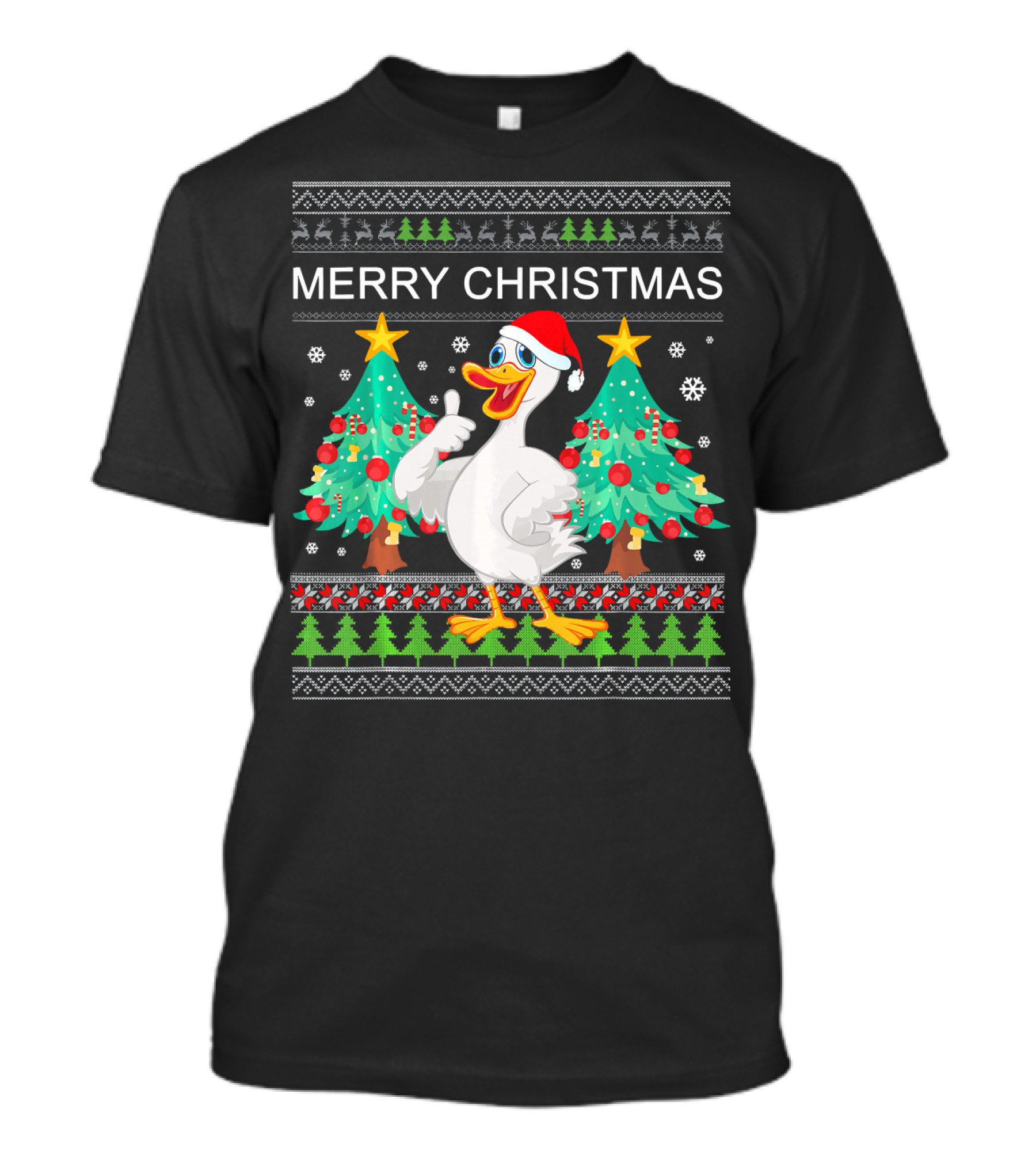 Merry Christmas Goose With Santa Hat And Festive Trees T-Shirt