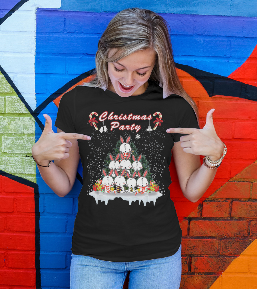 Christmas Party Rabbit Candy Cane Snowflakes T-Shirt