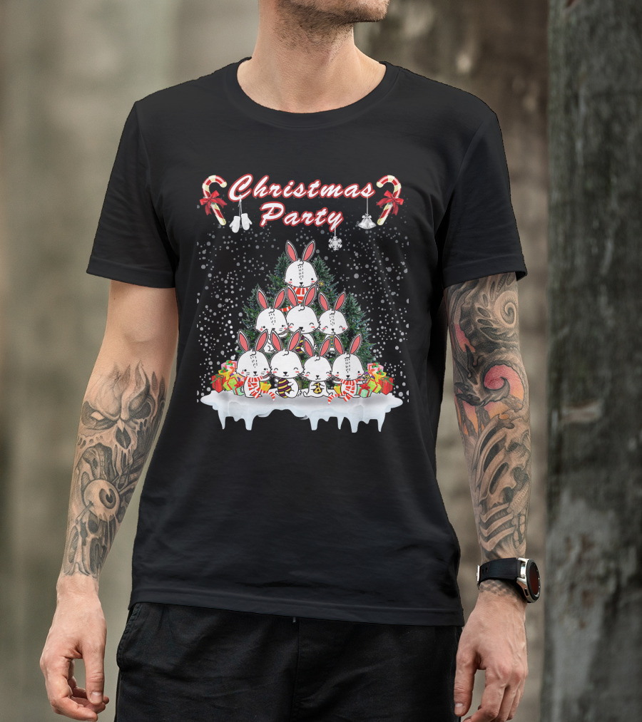 Christmas Party Rabbit Candy Cane Snowflakes T-Shirt