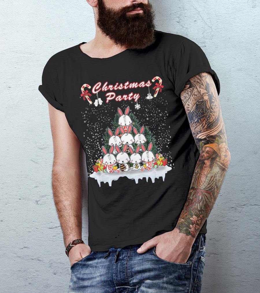 Christmas Party Rabbit Candy Cane Snowflakes T-Shirt