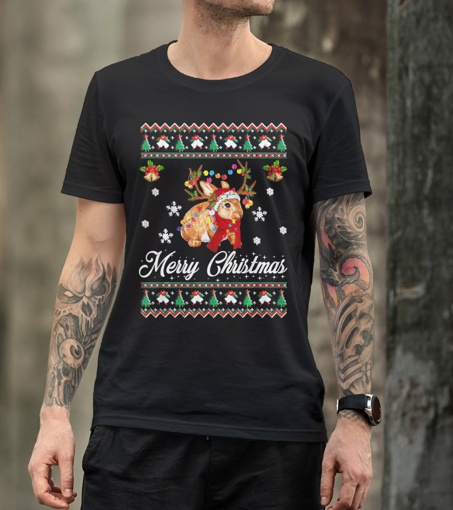 Merry Christmas Santa Rabbit Gorgeous Gorgeous Reindeer Snowflakes Holiday Lights T-Shirt