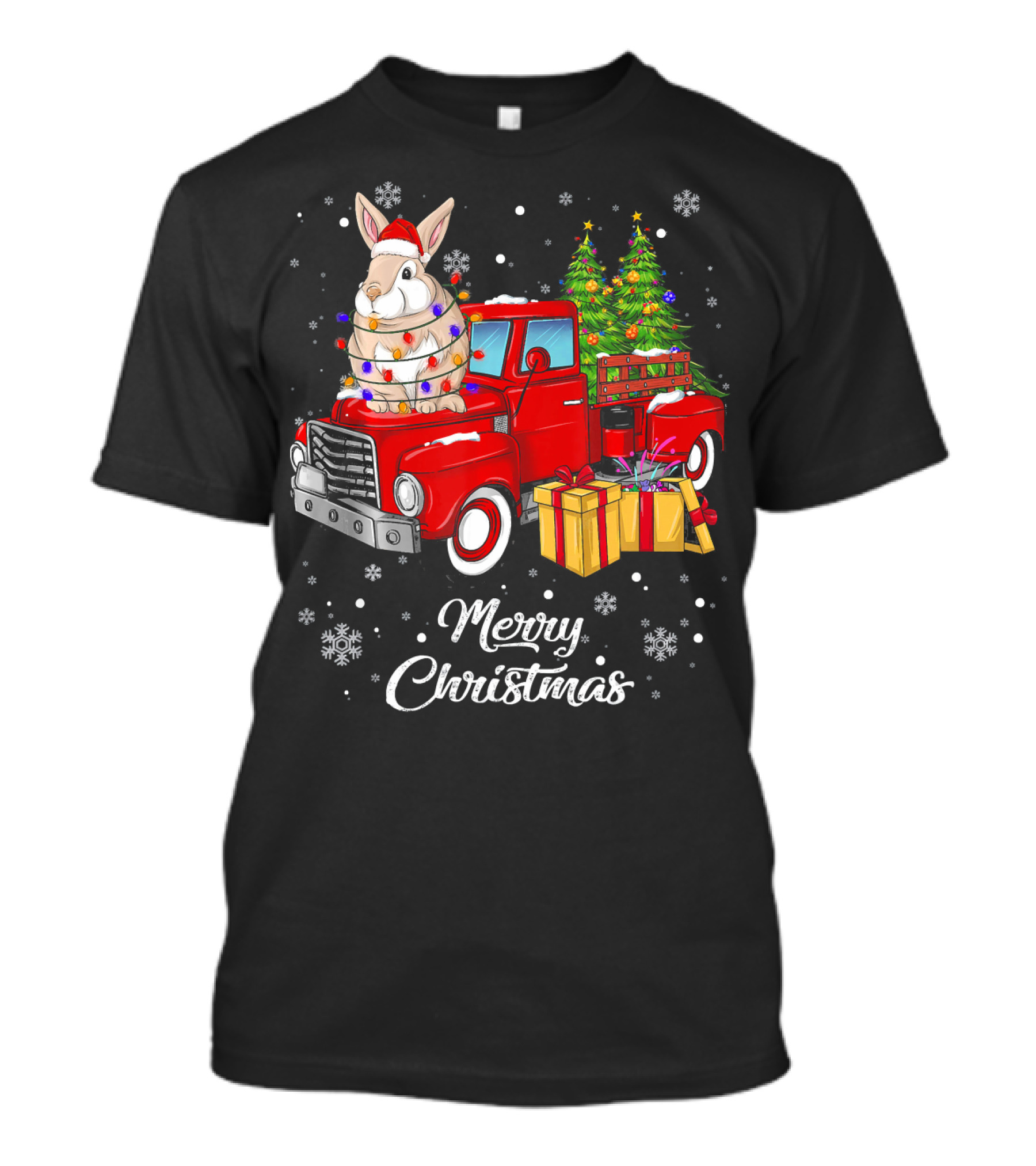 Merry Christmas Rabbit Rides Red Truck With Lights And Gifts T-Shirt