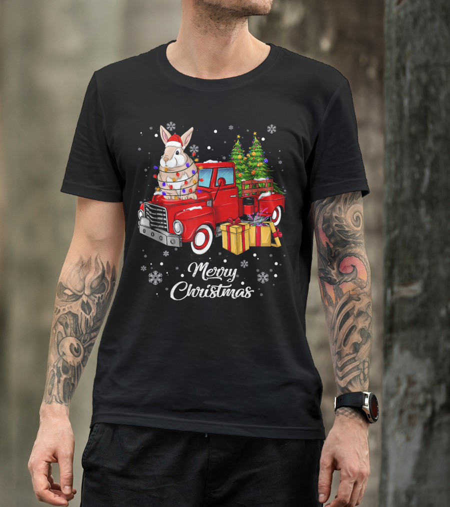 Merry Christmas Rabbit Rides Red Truck With Lights And Gifts T-Shirt