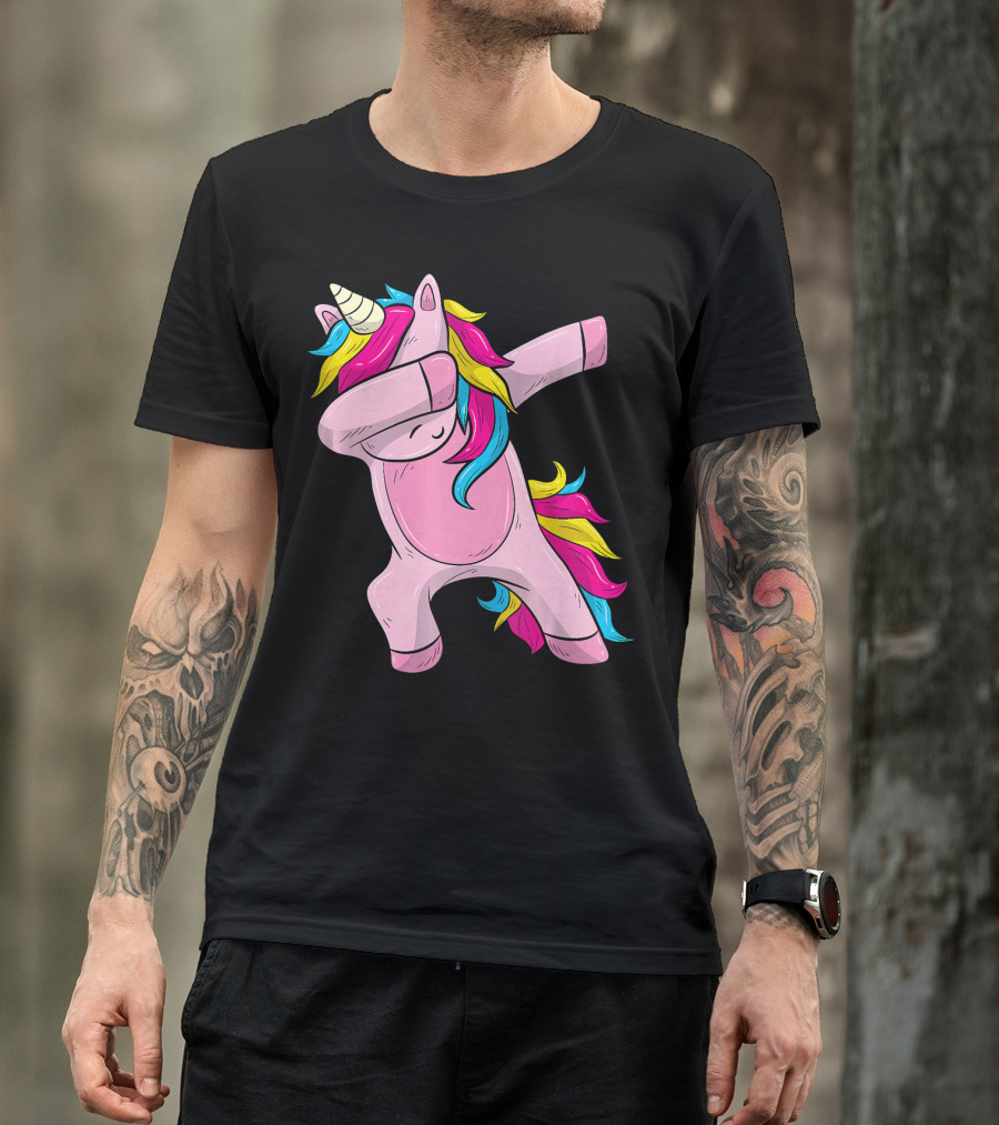 Pink Dabbing Unicorn With Rainbow Mane T-Shirt
