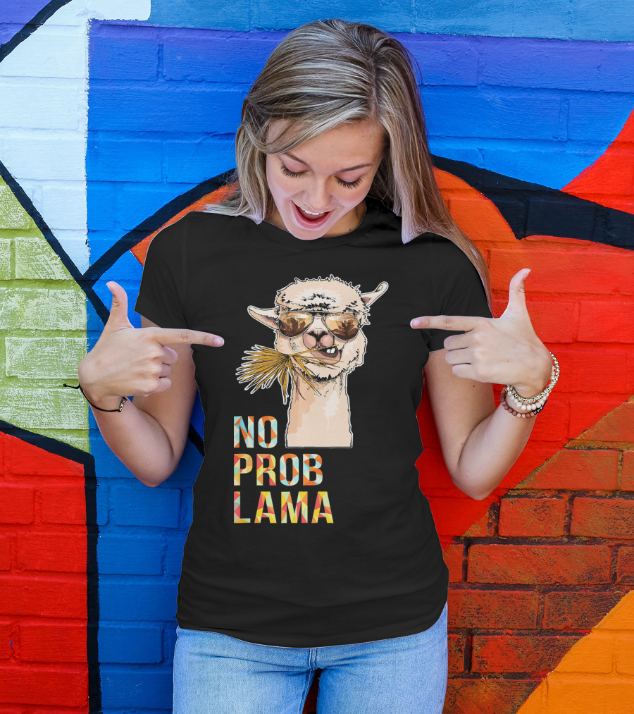 No Prob Llama Funny Drama Llama Mama Alp Sunglasses Llama With Straw T-Shirt