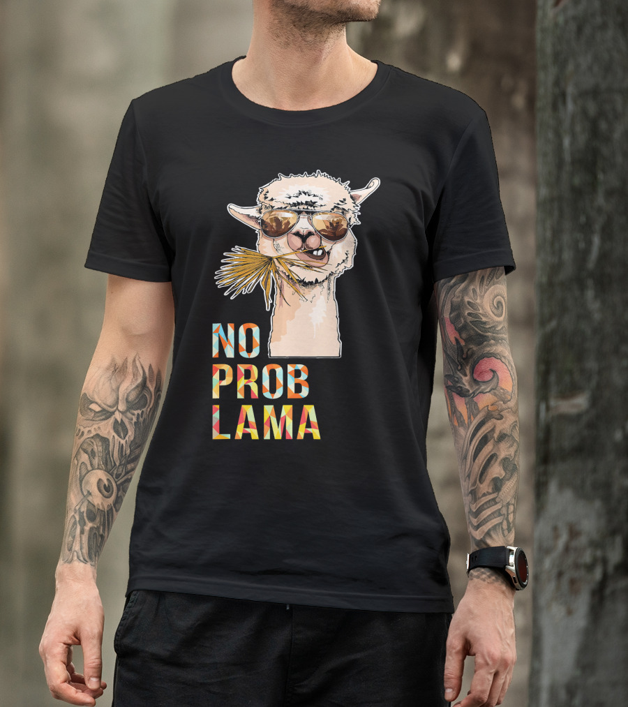 No Prob Llama Funny Drama Llama Mama Alp Sunglasses Llama With Straw T-Shirt