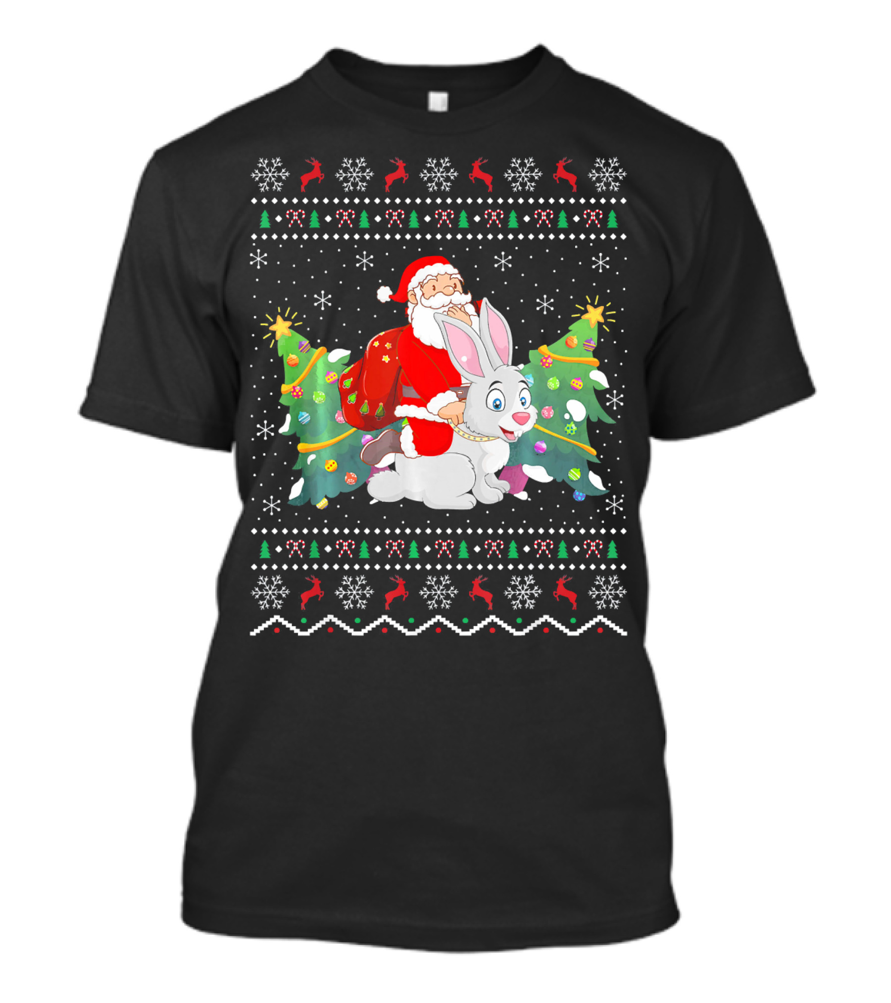 Rabbit Lover Ugly Santa Riding Christmas Bunny With Trees And Snowflakes T-Shirt