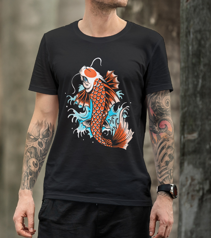 Traditional Japanese Koi Fish On Water With Colorful Splashing Waves T-Shirt