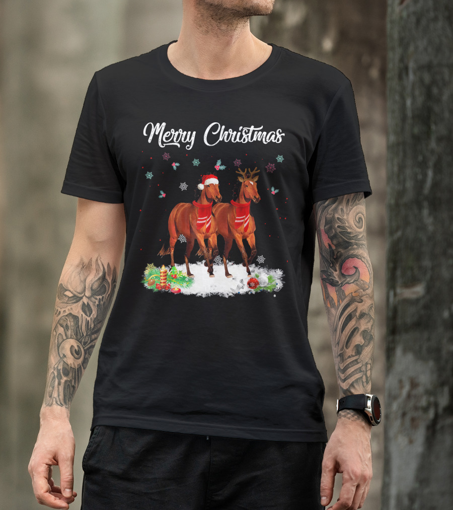 Merry Christmas Horse In Santa Hat And Reindeer Antlers With Snow And Ornaments T-Shirt