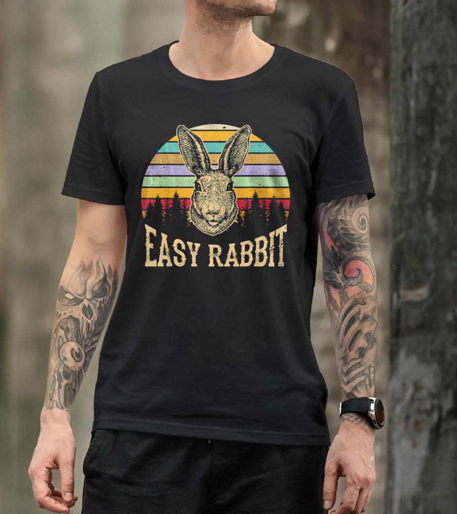 Retro Sunset Stripes Easy Rabbit Vintage Forest Scene T-Shirt