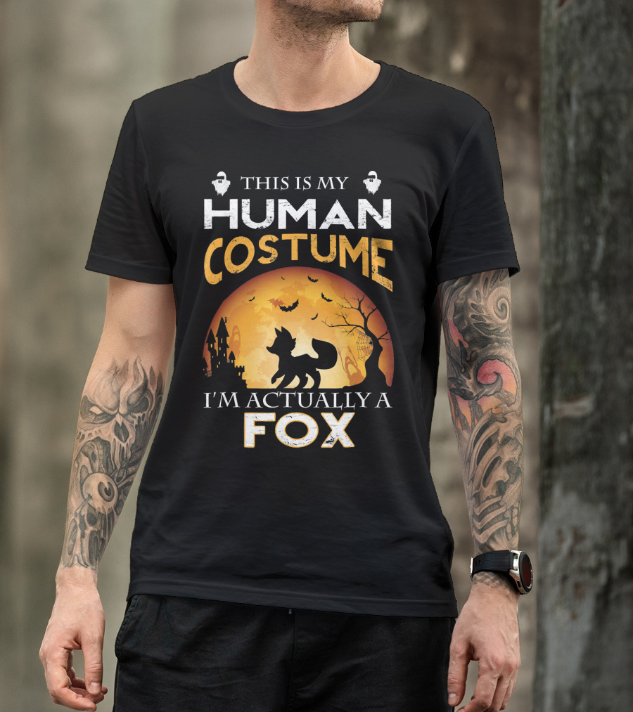 This Is My Human Costume I'm Actually A Fox Halloween Theme With Full Moon And Bats T-Shirt