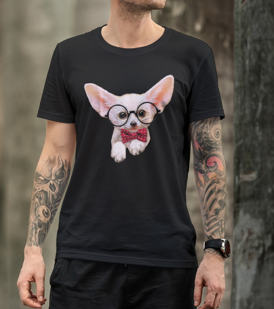 Smart Fennec Fox With Round Eyeglasses And Red Polka Dot Bow Tie T-Shirt