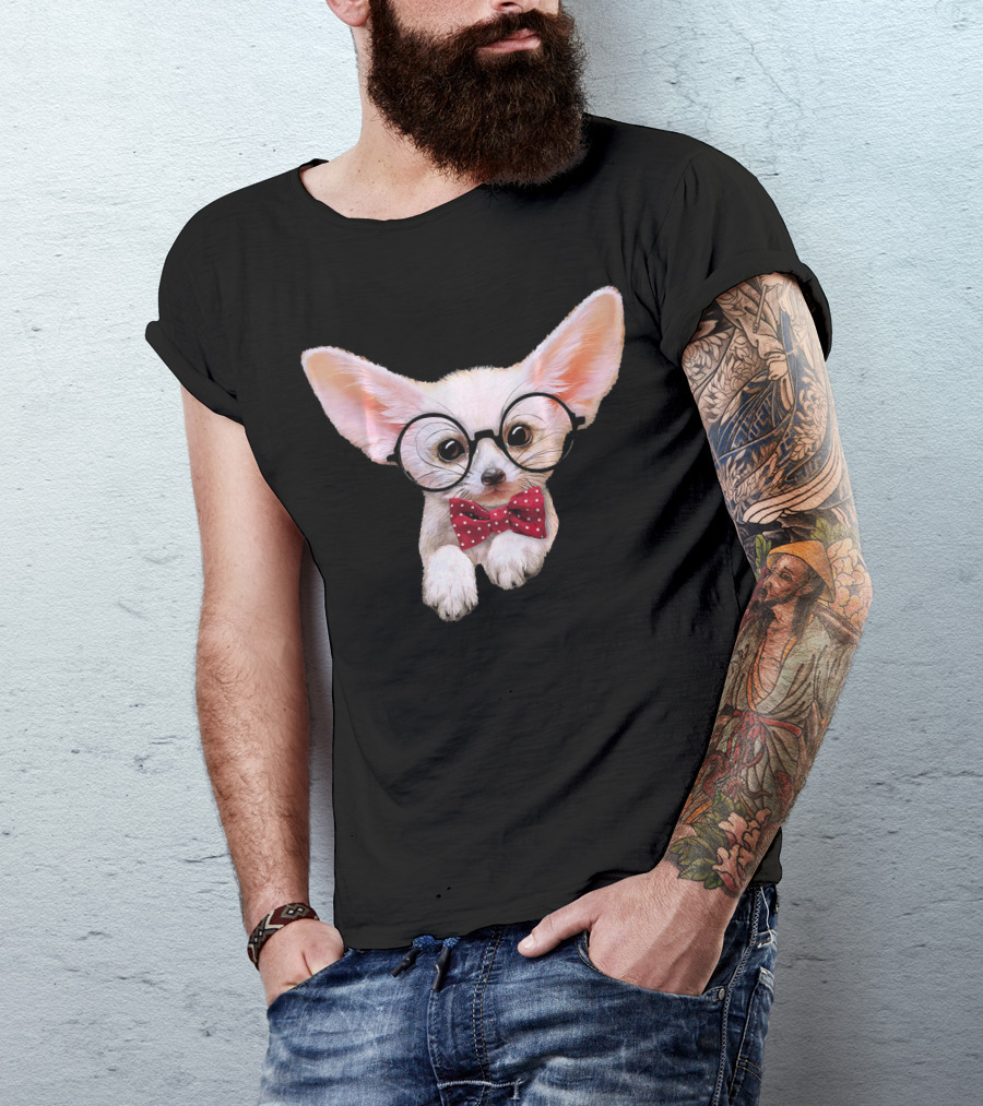 Smart Fennec Fox With Round Eyeglasses And Red Polka Dot Bow Tie T-Shirt